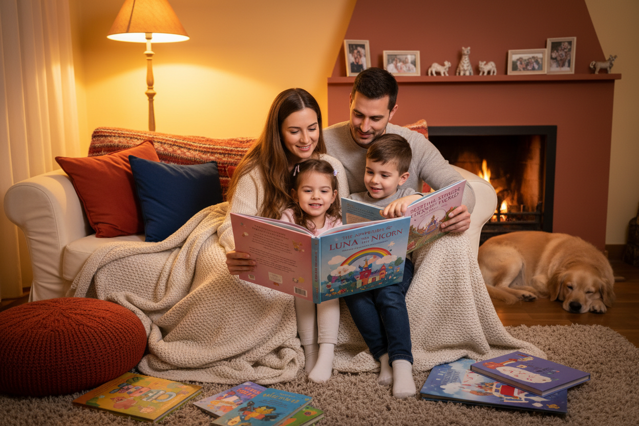 familia leyendo a niños cuentos